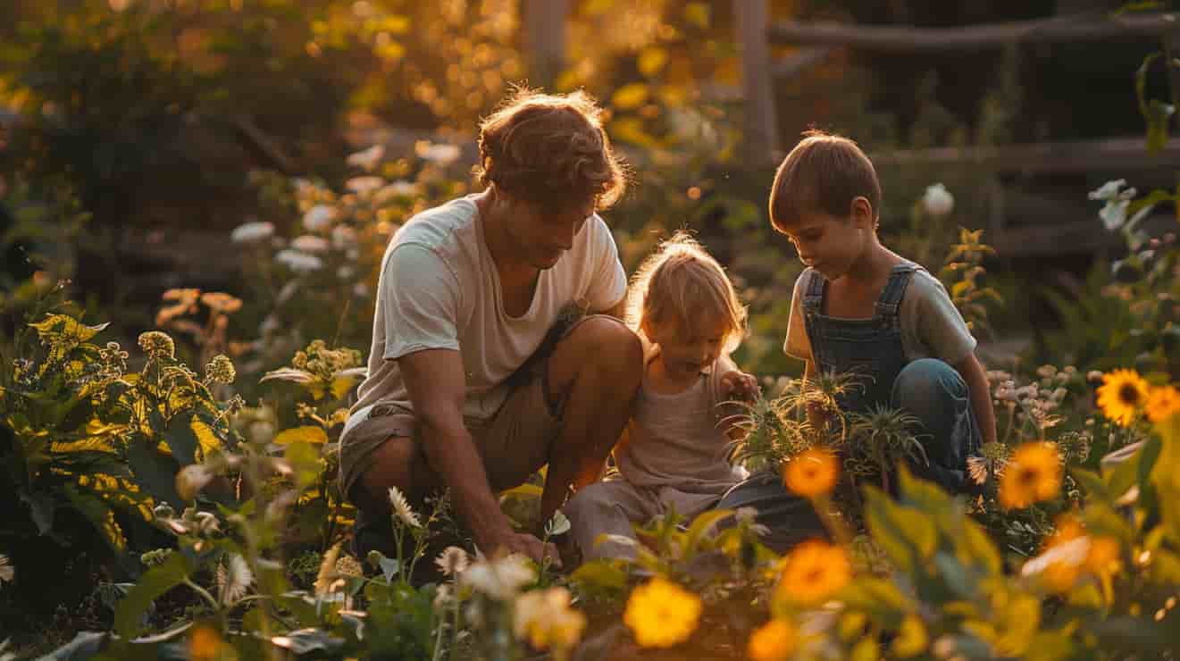 travaux de jardinage - pere et enfants