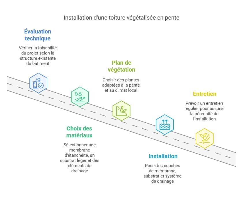 Étapes de l'installation d'une toiture végétalisée en pente