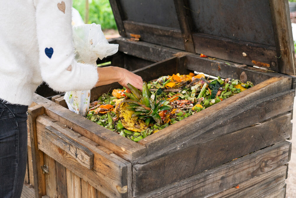 Composteur de jardin avec fruits et légumes en décomposition